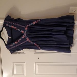 Free People Blue Boho Mini Dress Size small Orange Floral Embroidered V-neck